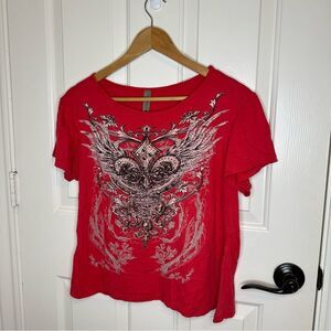 Y2K Big Bang Clothing Red Fleur De Lis Angel Wing Bedazzled Baby Tee L Mcbling